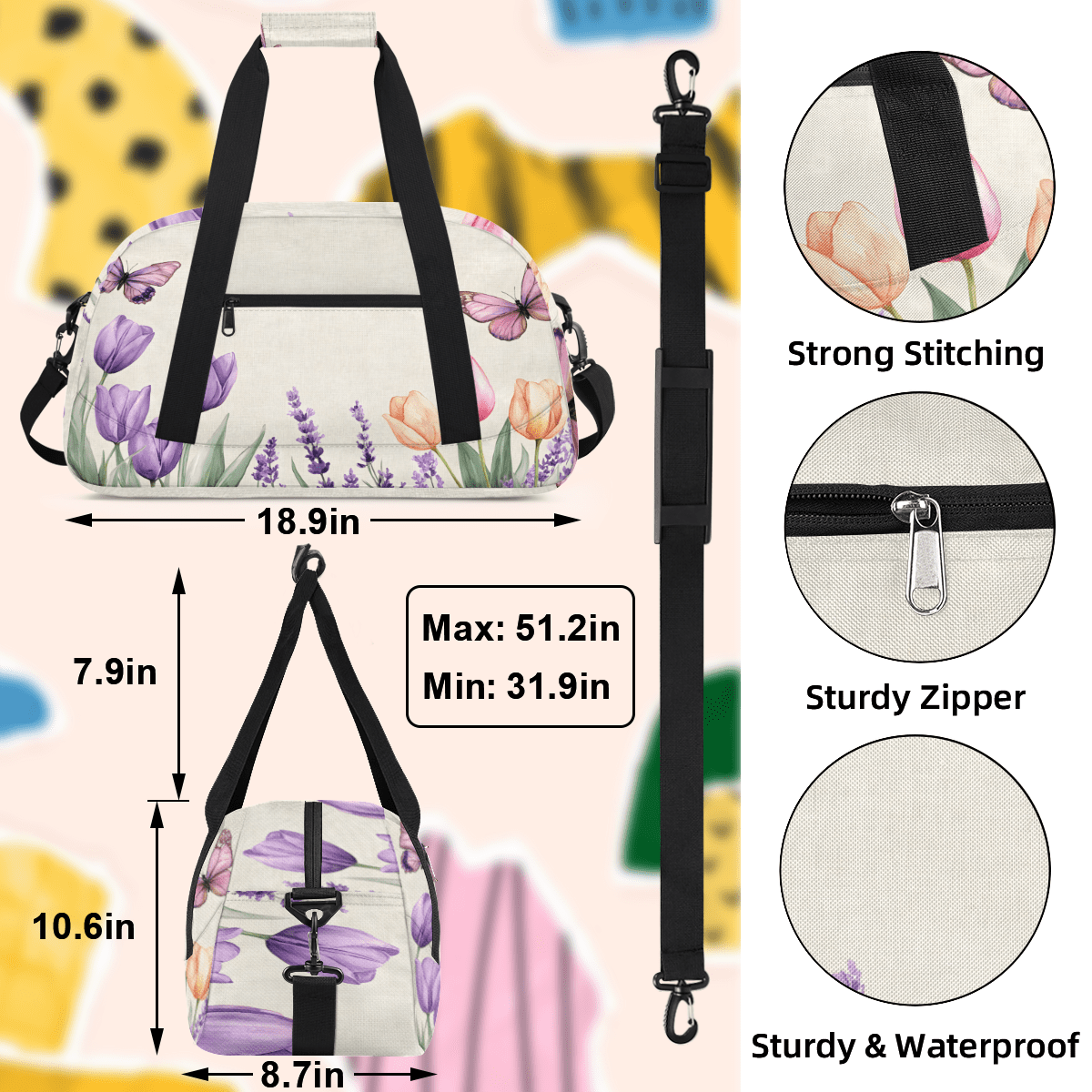 Herdesigns Sports Duffle Bags Travel Duffle Bag Gym Bag Tulip Cute Floral Butterflie Weekender Travel Bag Waterproof Overnight Bag Carry On Travel Tote Bag Dance Bags