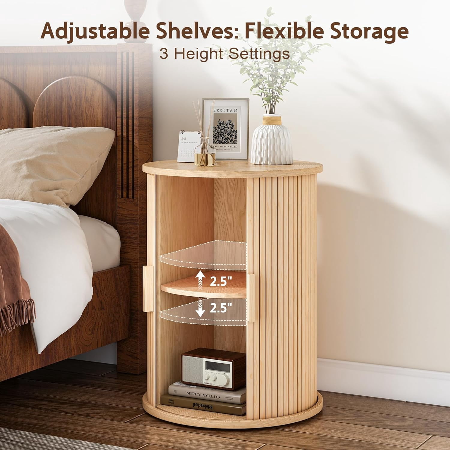 Round Fluted End Table Set of 2, NEORIVER Tall Side Table with Sliding Tambour Door and Adjustable Storage Shelf, Modern Bedside Table, Nightstand for Living Room, Bedroom