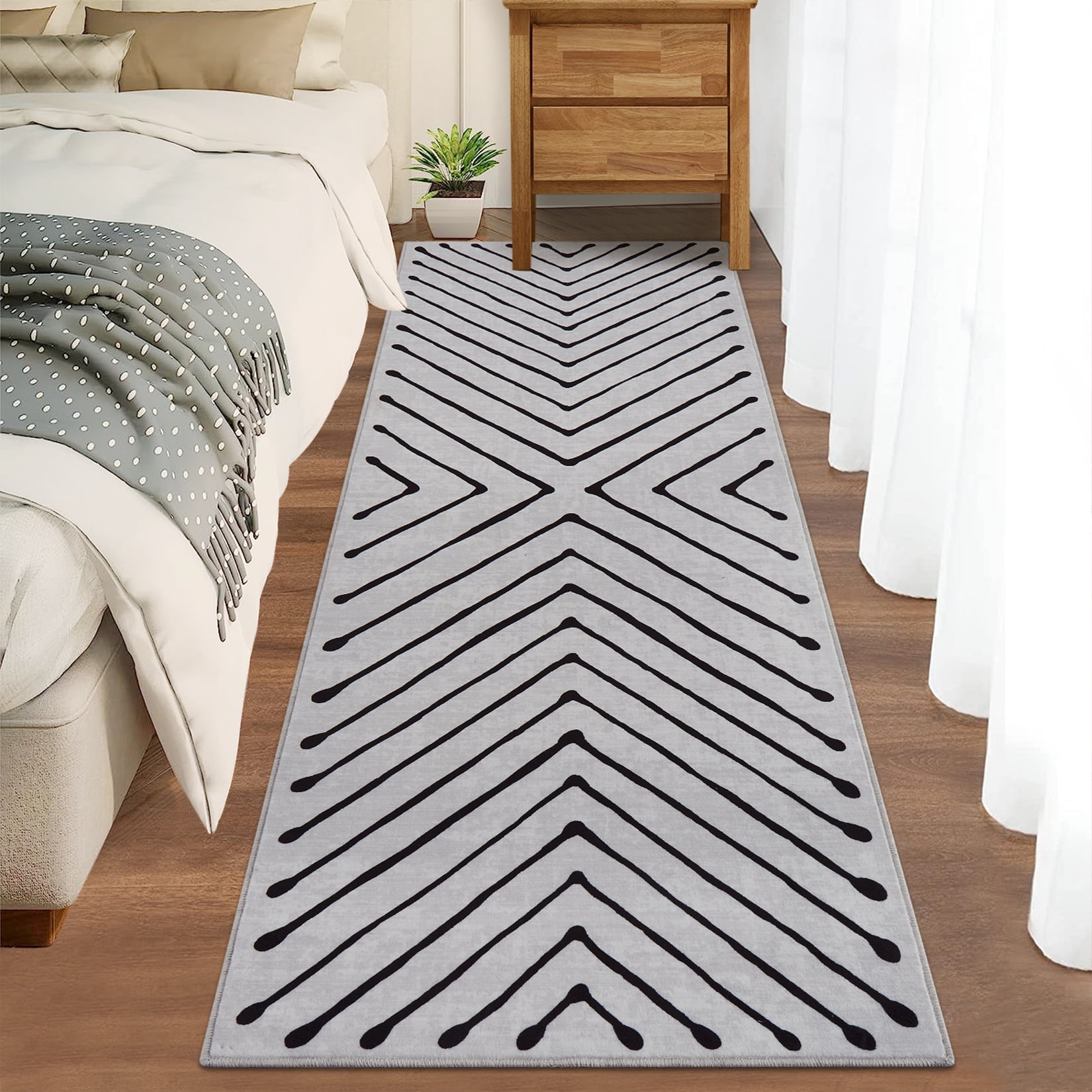 FairOnly Modern 2'x6'Runner Rug with Symmetrical Fine Lines Machine Washable Low Pile Non-Slip Geometric Rugs for Bedroom Kitchen,Beige White