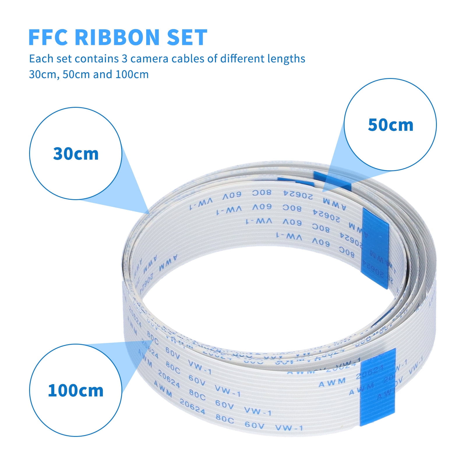 3 Pcs 15 Pin 30/50/100cm FFC Ribbon Flexible Flat Camera Cable for Raspberry Pi 