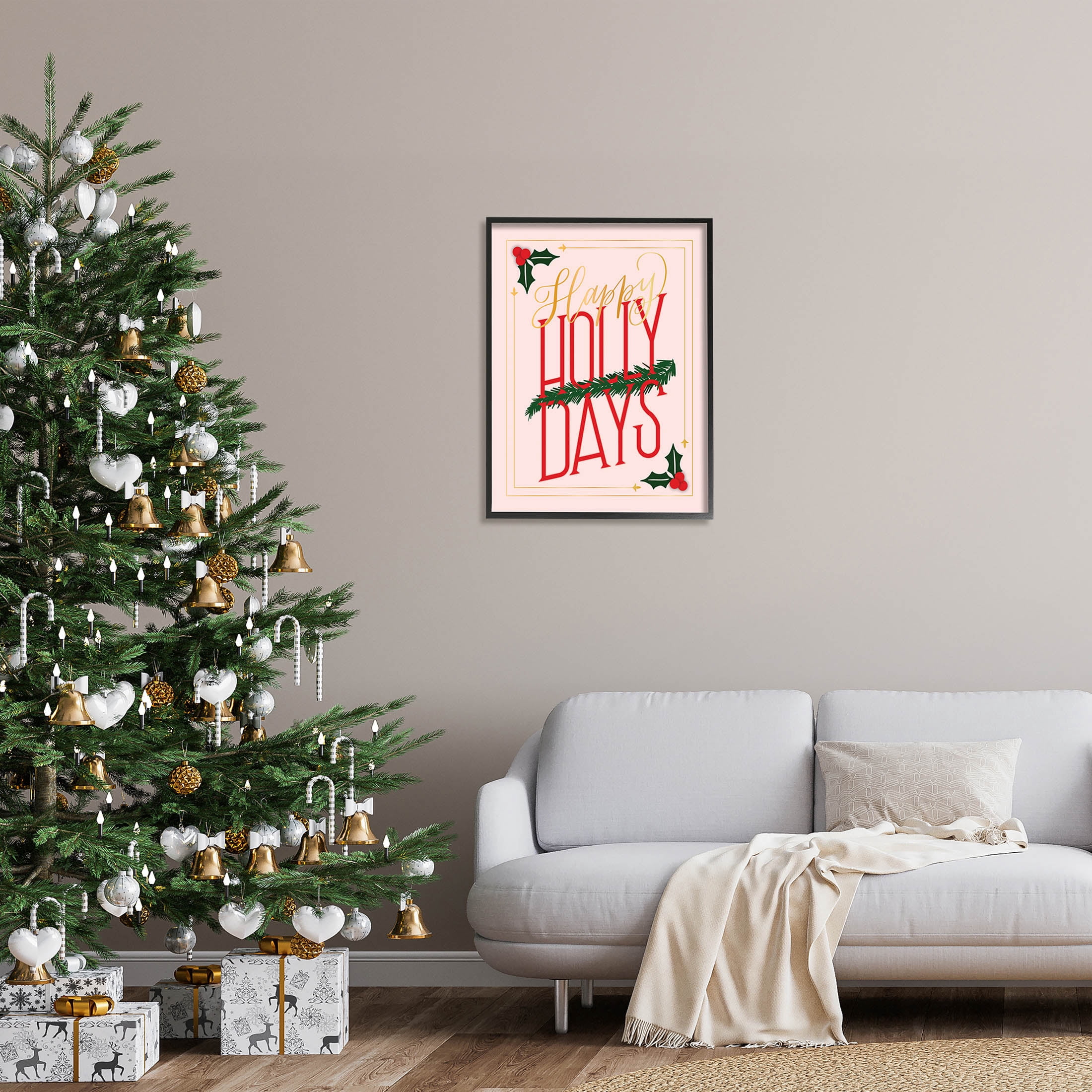 Happy Holly Days Botanical Holiday Holiday Graphic Art Black Framed Art Print Wall Art