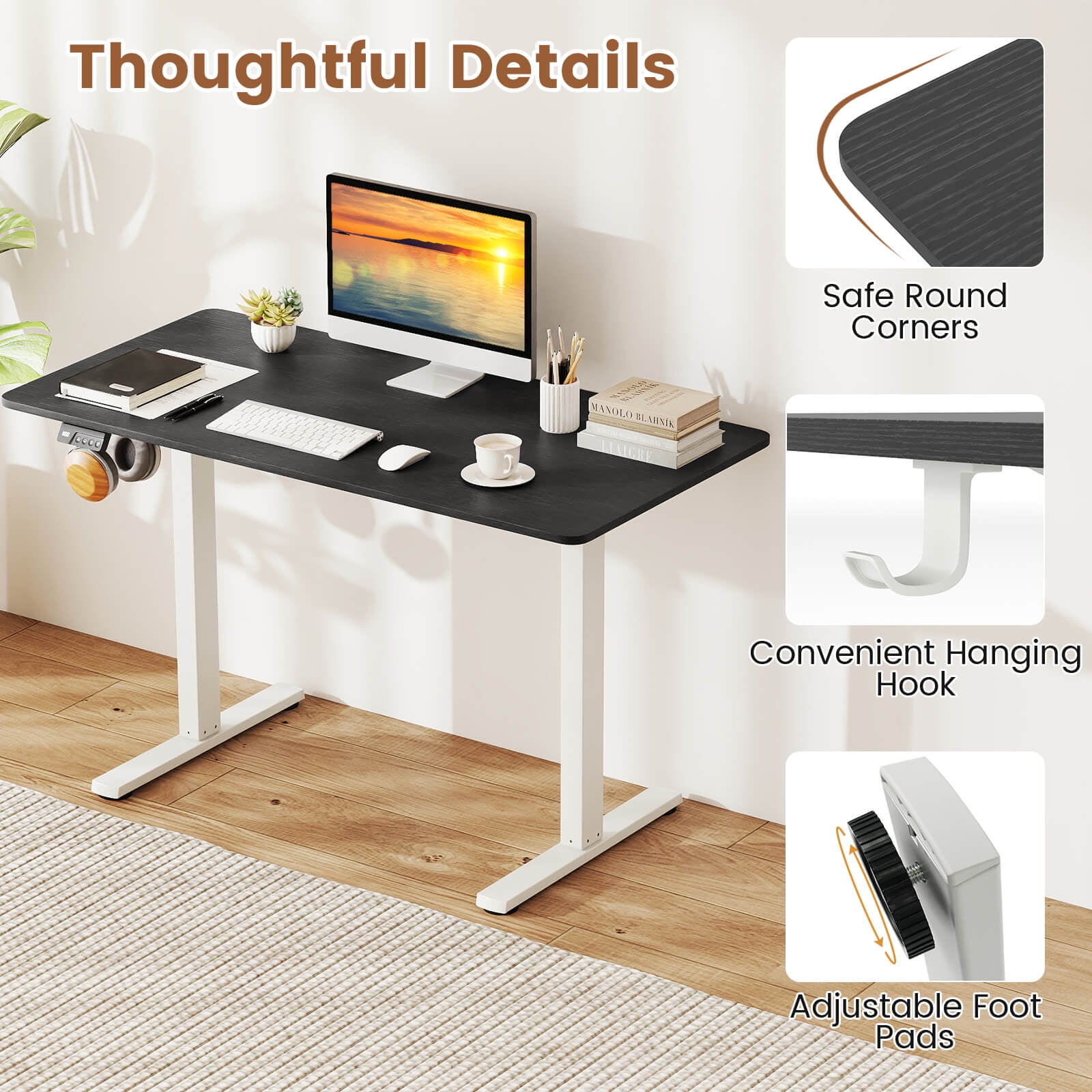 Costway 48” x 24” Electric Standing Desk with LED Display 2 Memory Height Settings for Home Black+White
