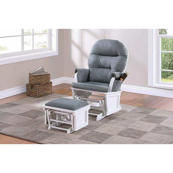 Glider Chair w Ottoman Gray Microfiber Luxurious Gliding Motion Chair Plush Cushion Seat Wooden Base