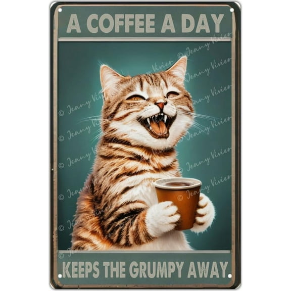 Funny Kitchen Signs - A Coffee A Day Keeps The Grumpy Away - Vintage Tin Sign Metal Decorations Cat Cafe Poster Signs - Coffee Lovers Gift - Cafes Club Bar Wall Sign 12x16 Inch