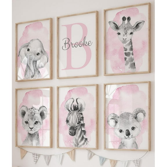 Safari Animals Set of 3 Unframed Poster Prints for Baby Girls Nursery Bedroom Playroom, Personalized Name, Choice of 12 Animals, Pink Purple (8x10)