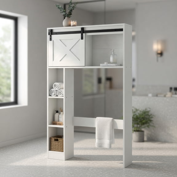 Resenkos 4-Tier Over The Toilet Storage Cabinet with Sliding Barn Door and Storage Shelves-White, Bathroom Cabinet Organizer