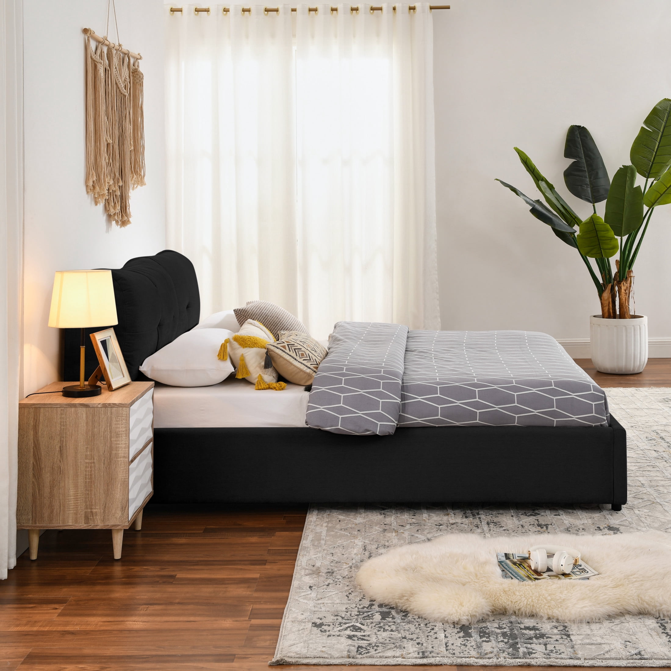 Noble House Gerret Queen Size Chenille Storage Platform Bed, Hydraulic Bed Frame with Hidden Underbed Drawer, Black