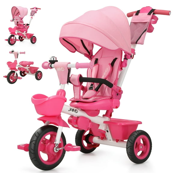 JMMD Baby Trike, 6-in-1 Kids Tricycle with Adjustable Push Handle, Removable Canopy, Safety Harness for 18 Months - 5 Year Old, Pink