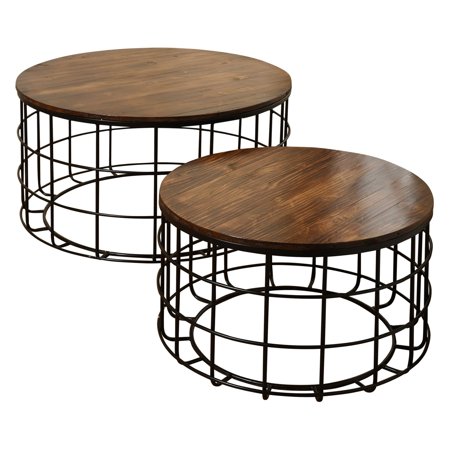 Round Wood Nested Coffee Tables Chinese Cherry Top Black Powder Coat Frame 2 Piece Set Round Wood Nested Coffee Tables Chinese Cherry Top Black Powder Coat Frame 2 Piece Set