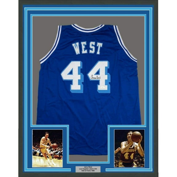 Framed Autographed/Signed Jerry West 35x39 Los Angeles LA Blue Retro Basketball Jersey JSA COA