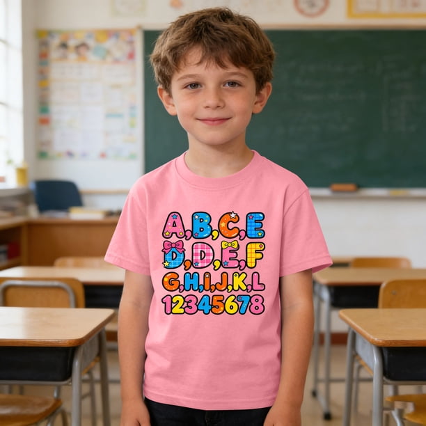 Blusas y camisas de manga corta con cuello redondo para niños y niñas, camisetas gráficas de manga corta, blusas con estampados bonitos para la temporada escolar.