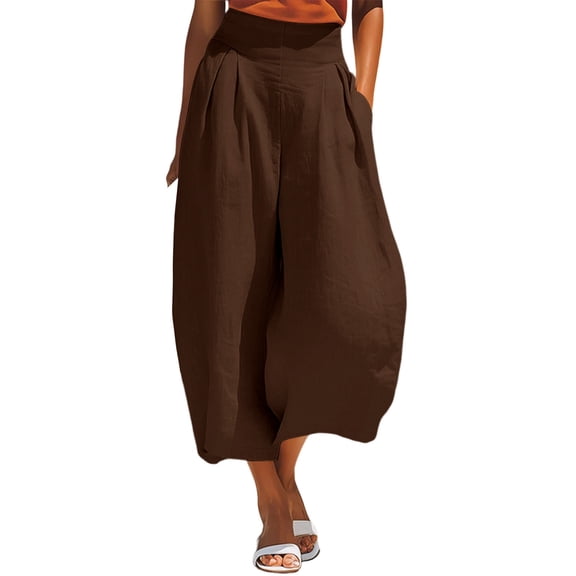 VEKDONE Womens Palazzo Pants Summer Cotton Baggy Ankle Pants Casual Elastic High Waist Wide Leg Pants with Pockets Brown L