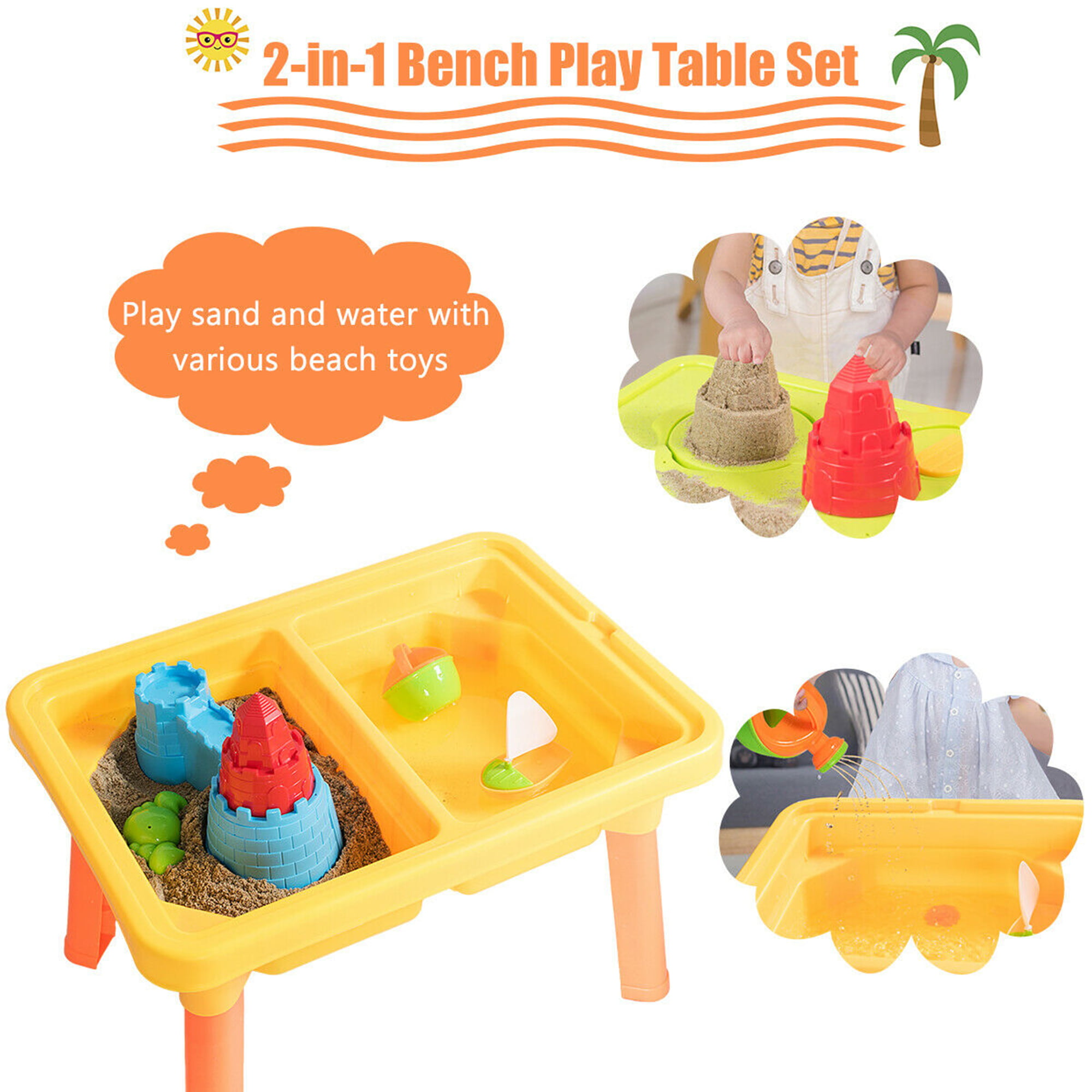 2 in 1 Sand & Water Table Activity Beach Play Set with Sand Castle Molds & Cover 