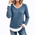 thumbnail image 6 of Staron Women's Ribbed Knit Sweaters V Neck Long Sleeve Slim Fit Casual Pullover Tops Fall Winter Layered Curved Hem Stretchy Knit Shirt Navy XL, 6 of 6