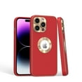 thumbnail image 2 of Designed for Apple iPhone 15 Pro Max (6.7") PU UV Leather Design Hybrid with Chrome Circle PC Hard Shockproof Full Body Protective Phone Case Cover [Red / Gold], 2 of 3