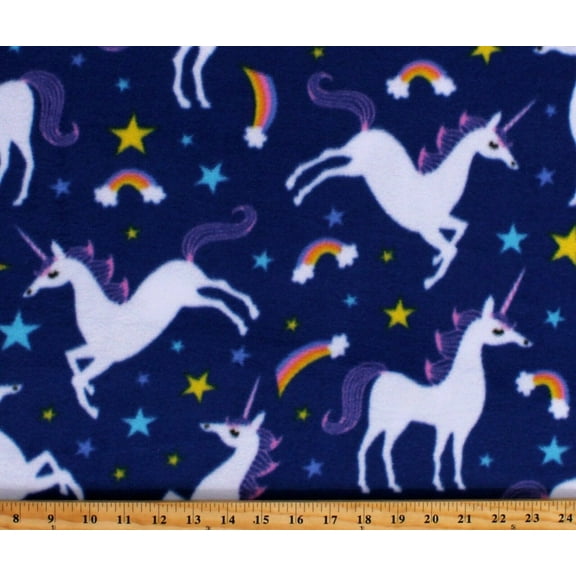 Fleece Unicorns Rainbows Stars Magical Fairytale Mythical Creatures Kids Girls Chasing Dreams Royal Blue Fleece Fabric Print by the Yard (52330-1)