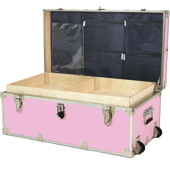 Rhino Trunk & Case Large Essential College Trunk with Wheels, Tray & Lid Organizer, Dorm Storage Chest, Ideal Student Footlocker, Strong Trunks, 1000  Pound Sitting Capacity 32"x18"x14" (Pink)