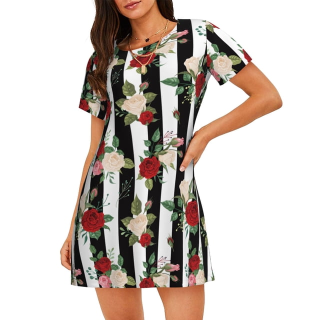 Disketp Rose Flowers para Camisón Corto de Manga Corta para Mujeres, Camisón Cómodo con Escote Redondo, Bonito y Confortable