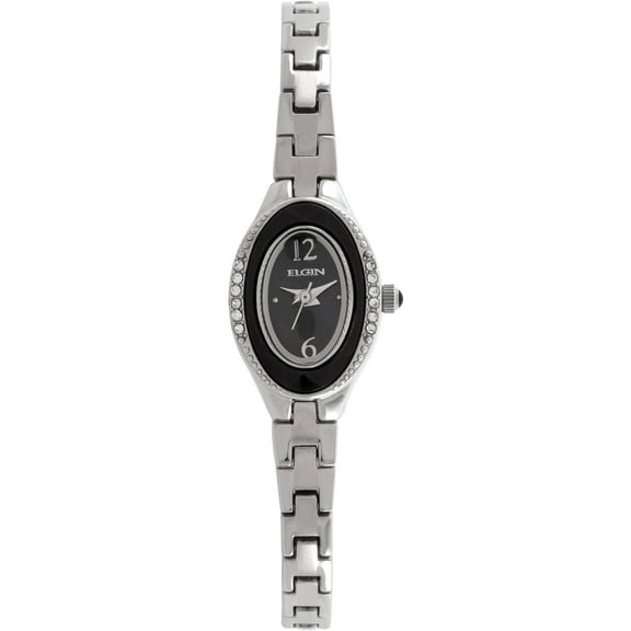 Women's Silver-Tone Oval Case Black Dial Czech Crystal Accented Fashion Bracelet Watch
