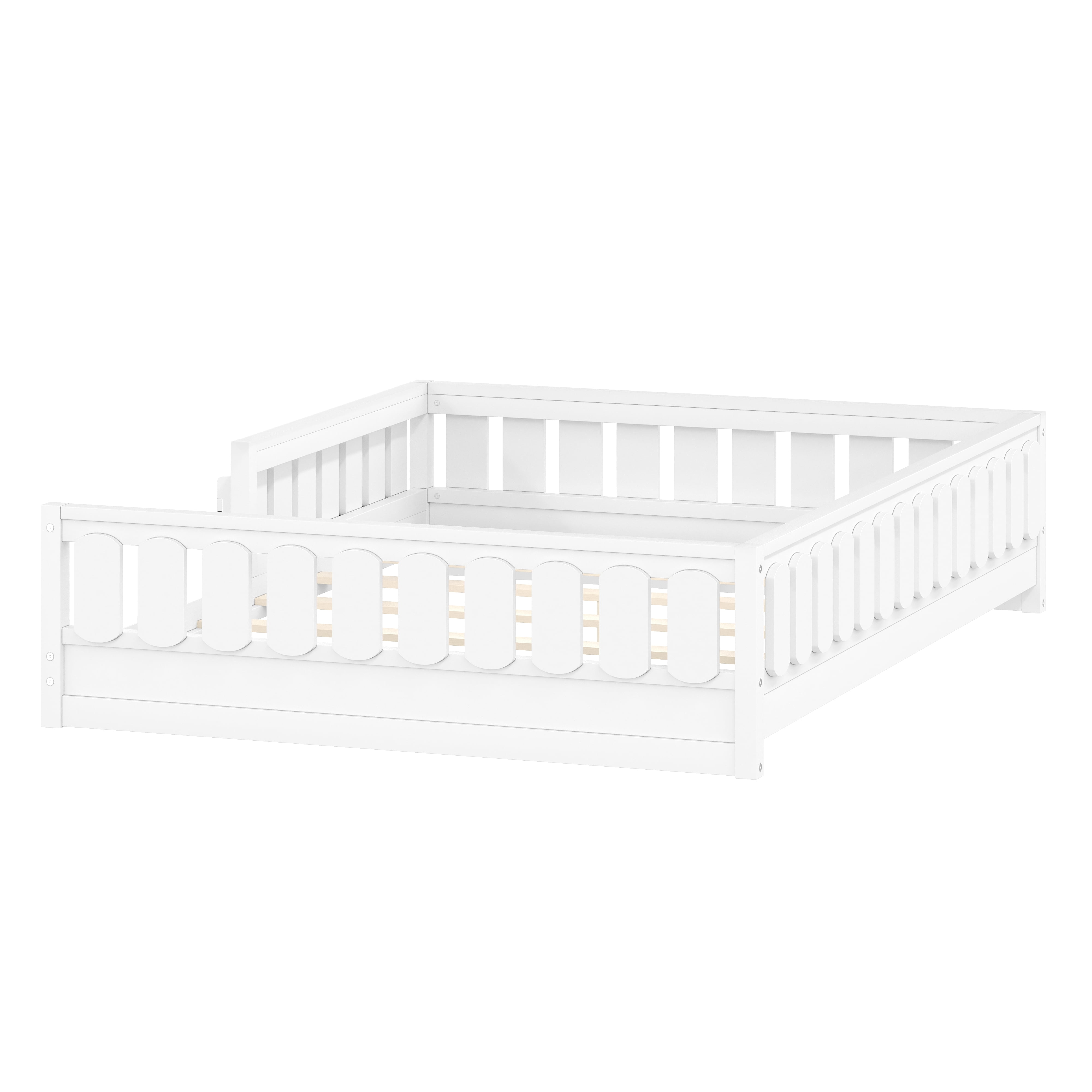 Euroco Wood Full Size Platform Bed with Shelves, Floor Bed with Guardrails, White