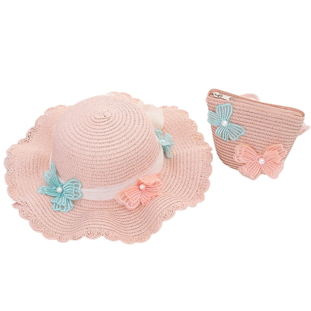 Sombrero de paja para mujer con circunferencia de 56-58 cm, sombrero de ala grande para playa, sombrero de protección solar con forma de mariposa y conjunto de bolsa de paja