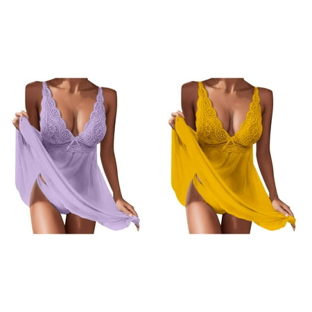 (2-Pack) Kcodviy Transparent Pajamas Negligee for Women Long Underwear Suspenders Dress Women Plus Size for Women Valentines Day Lace