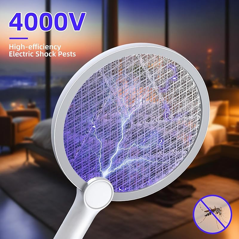 Electric Fly Swatter, 4000V Bug Zapper Racket, 2 in 1 Indoor Outdoor Mosquito Killer with 3-Layer Safety Mesh, Fly Zapper Racket with USB Rechargeable Base for Pest Insect Control 1 Pack
