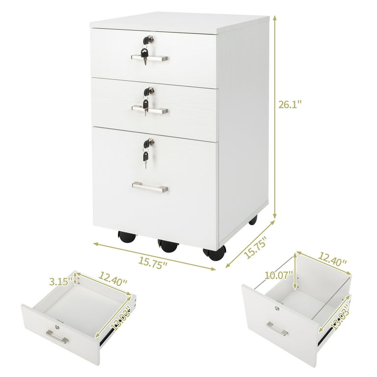 Ktaxon 3 Drawer Rolling Wood File Cabinet with Lock Portable Vertical Mobile Wooden Storage Filing Cabinet for Home Office White