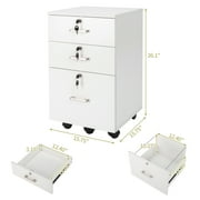 Ktaxon 3-Drawer Rolling Wood File Cabinet with Lock, Portable Vertical Mobile Wooden Storage Filing Cabinet for Home Office,White