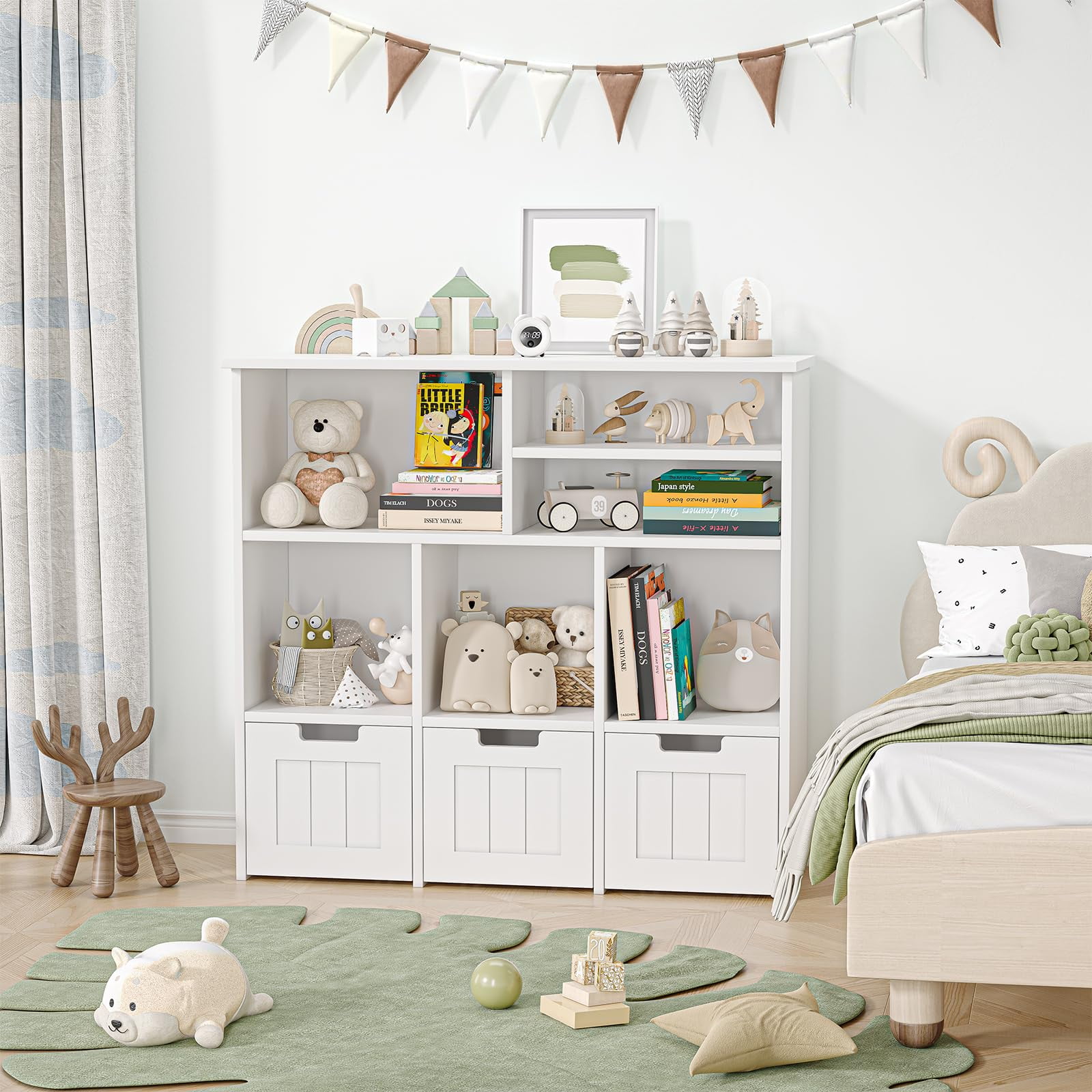 DSstyles Toy Storage Cabinet with 3 Movable Drawers & 6 Cubes, Children's Toy Shelf Kids Bookshelf with Hidden Wheels, Kids Bookcase Toy Storage Organizer for Bedroom & Playroom & Nursery (White)