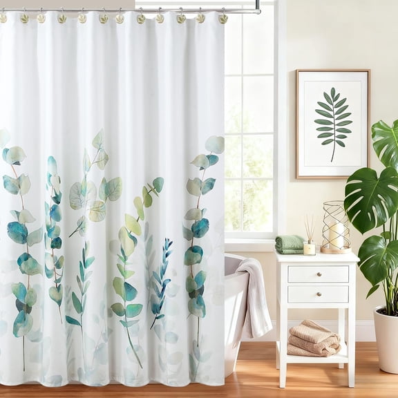Eucalyptus Leaves Shower Curtain Botanical Watercolor Greenery Fabric Bathroom Decor with 12 Hooks 71x71 inches