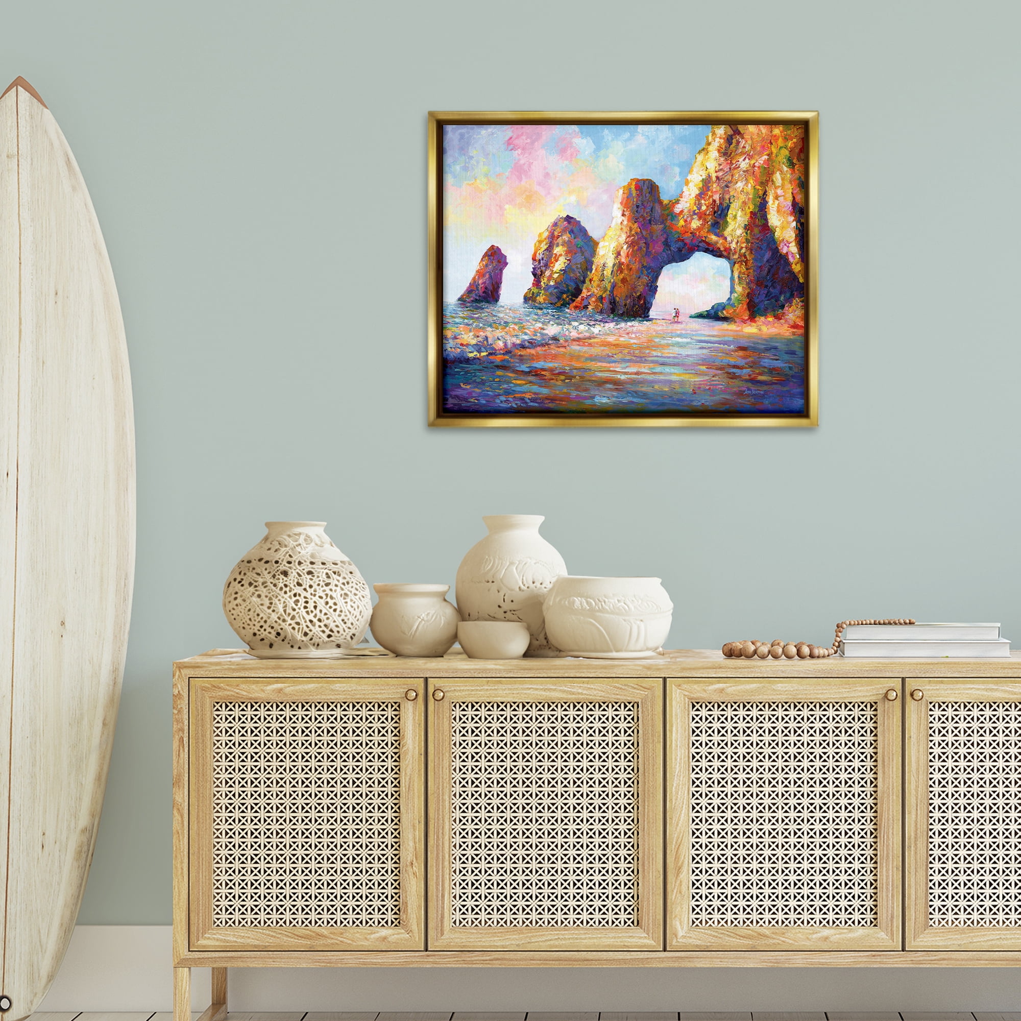Stupell Industries Couple Strolling Beach Arch Landscape Painting Gold Floater Framed Canvas Art Print Wall Art, 31 x 25