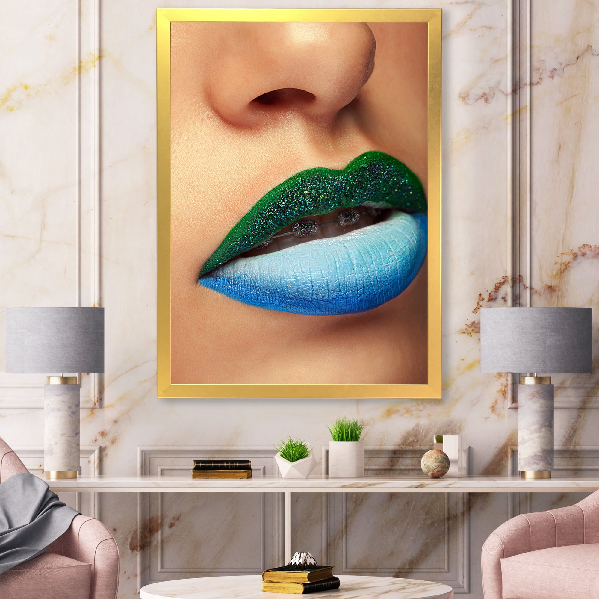 Designart 'Close Up Woman Lips With Fashion Make Up and Brackets' Modern Framed Art Print