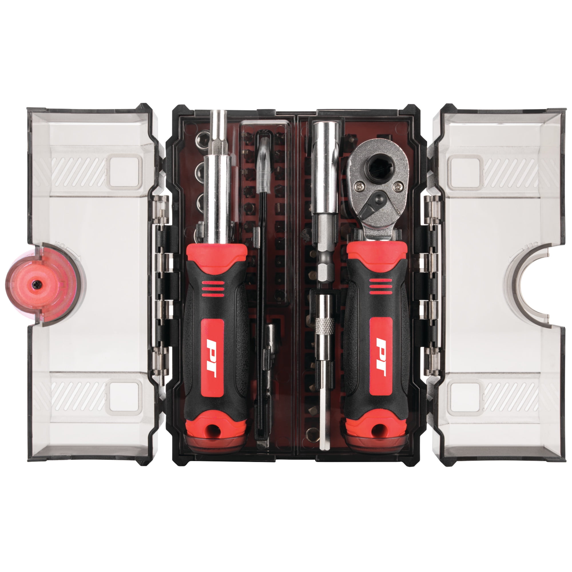 Performance Tool W1745 78 Pc. Ratcheting Driver Tool Set, 1/4 in. Drive Ratchet, Bit Driver, Extensions, Bit Holders, Bits and Sockets, Storage Case, Red