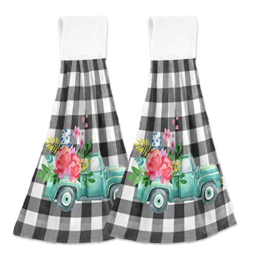 2 Piece 2 Pack Ritz Kitchen Wears 100% Cotton Checked & Solid Hanging Tie Towels Cactus Green