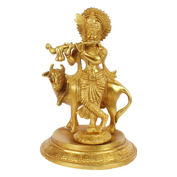 Brass World Brass Krishna Playing Flute with Cow Idol Sculpture Home Decor for Living Room Pooja Gift Item (LxBxH 5x5x7.5 Inch 2 Kg)