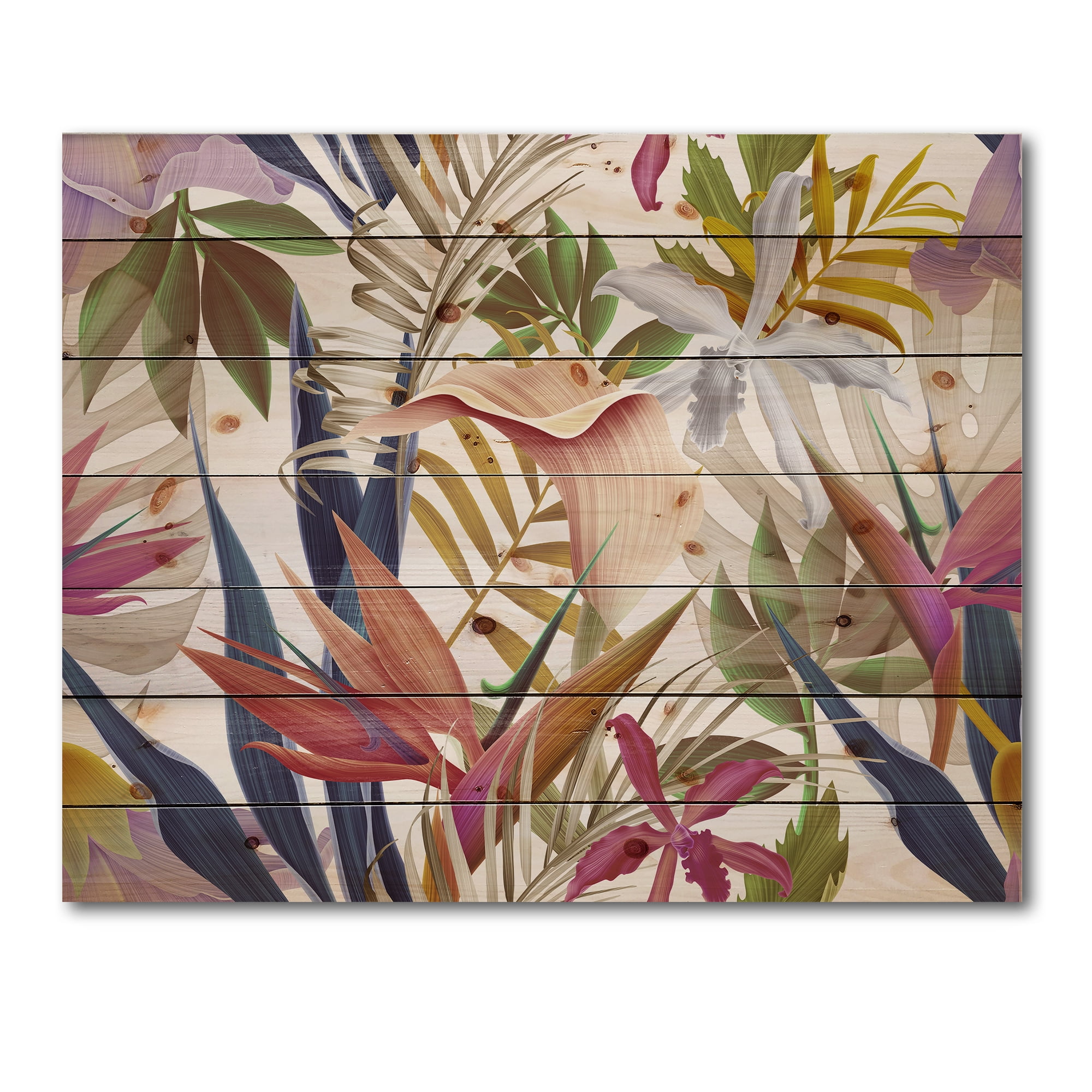 Designart 'VIntage Tropical Flowers VIII' Tropical Print on Natural Pine Wood