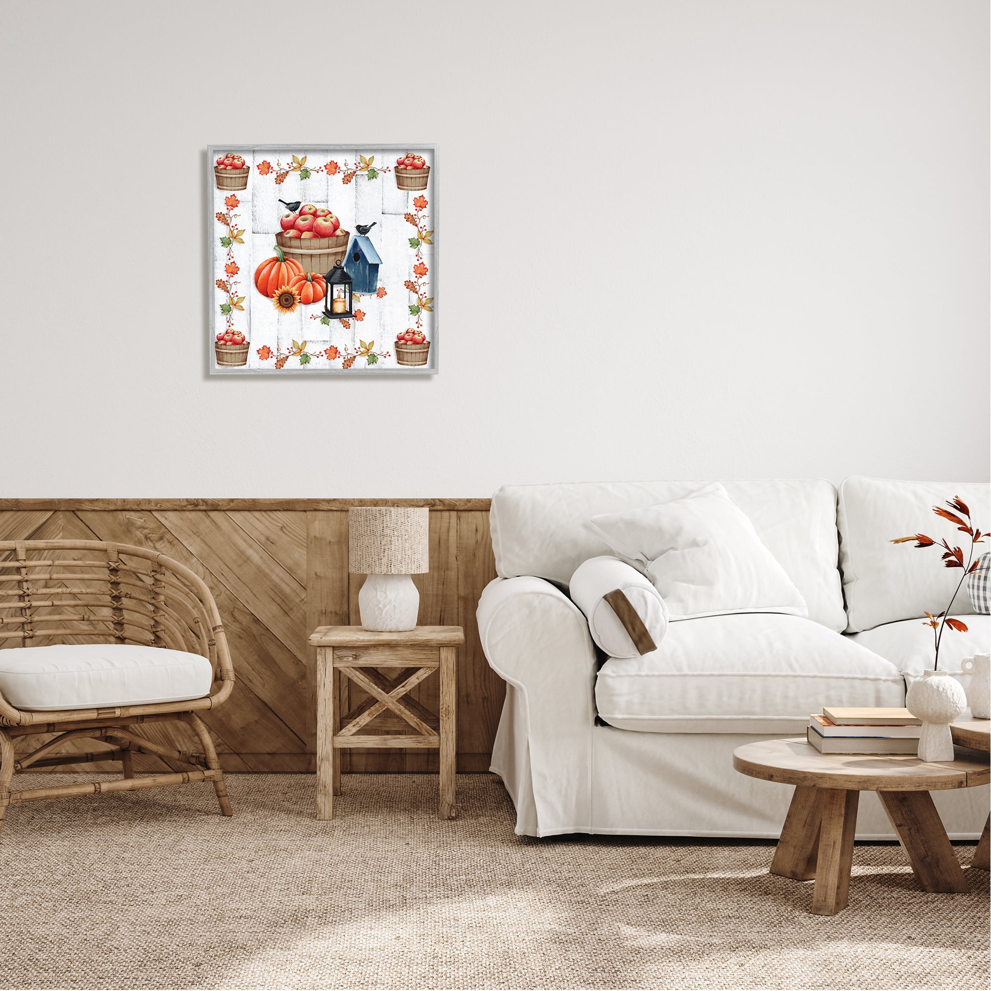 Stupell Industries Autumnal Apples & Lantern Holiday Painting Gray Framed Art Print Wall Art, 24 x 24