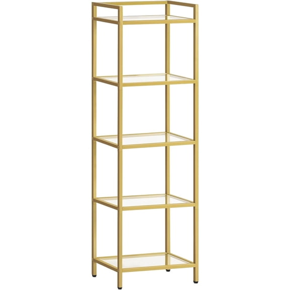 5-Tier Gold Shelf, Narrow Book Shelf, Display Cabinet with Glass Bookcase, Corner Shelf Storage for Small Spaces, for Home Office, Living Room, Bedroom, Gold GD45SJ01
