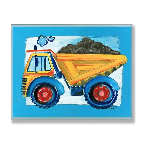 The Kids Room by Stupell Yellow Dump Truck with Blue Border Oversized Wall Plaque Art, 12.5 x 0.5 x 18.5