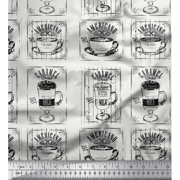 Soimoi Black Poly Georgette Fabric Caramel & Americano Coffee Beverages Printed Fabric 1 Yard 42 Inch Wide