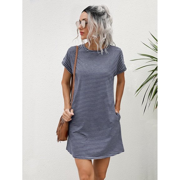 Navy Blue Striped Pocket Tee Dress For Women, Short Sleeve Casual Shift Dress