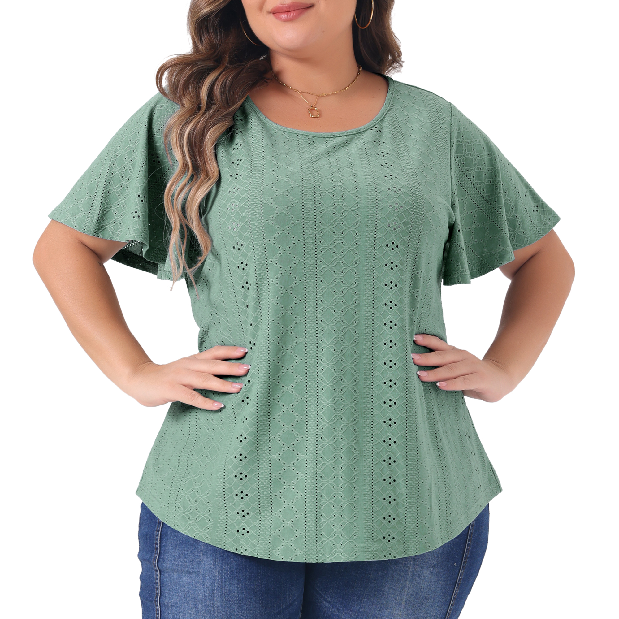 DARING DIVA Women's Plus Round Neck Hollow Flare Sleeve Casual Blouse 2X Green