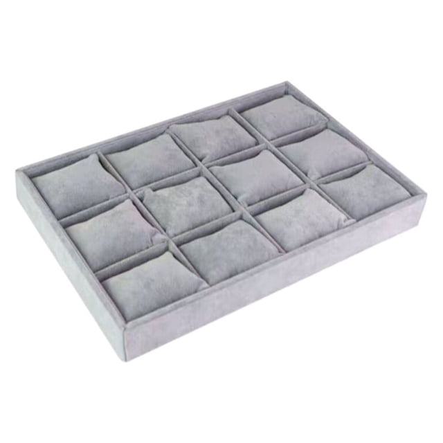Bracelet Box Watch Pendant Stud Earring Tray 12 Grid Plate with Pillow Jewelry Organizer Multifunction Packing Tool Case Gray velour