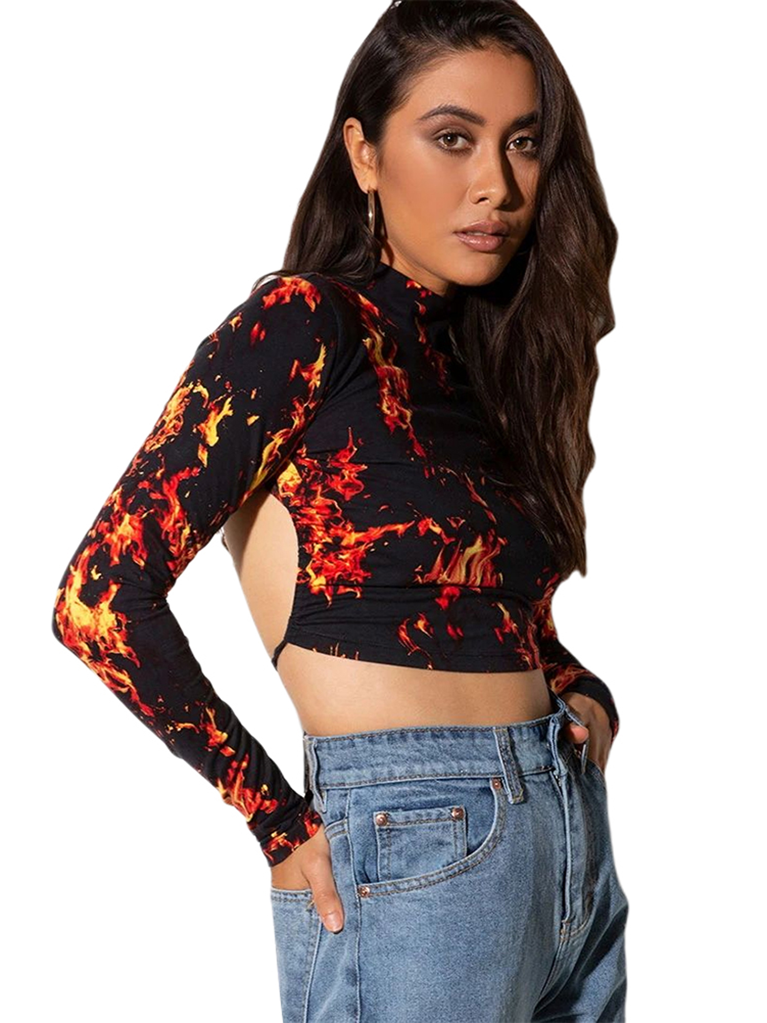 Women Long Sleeve Crop Tops, Print 
