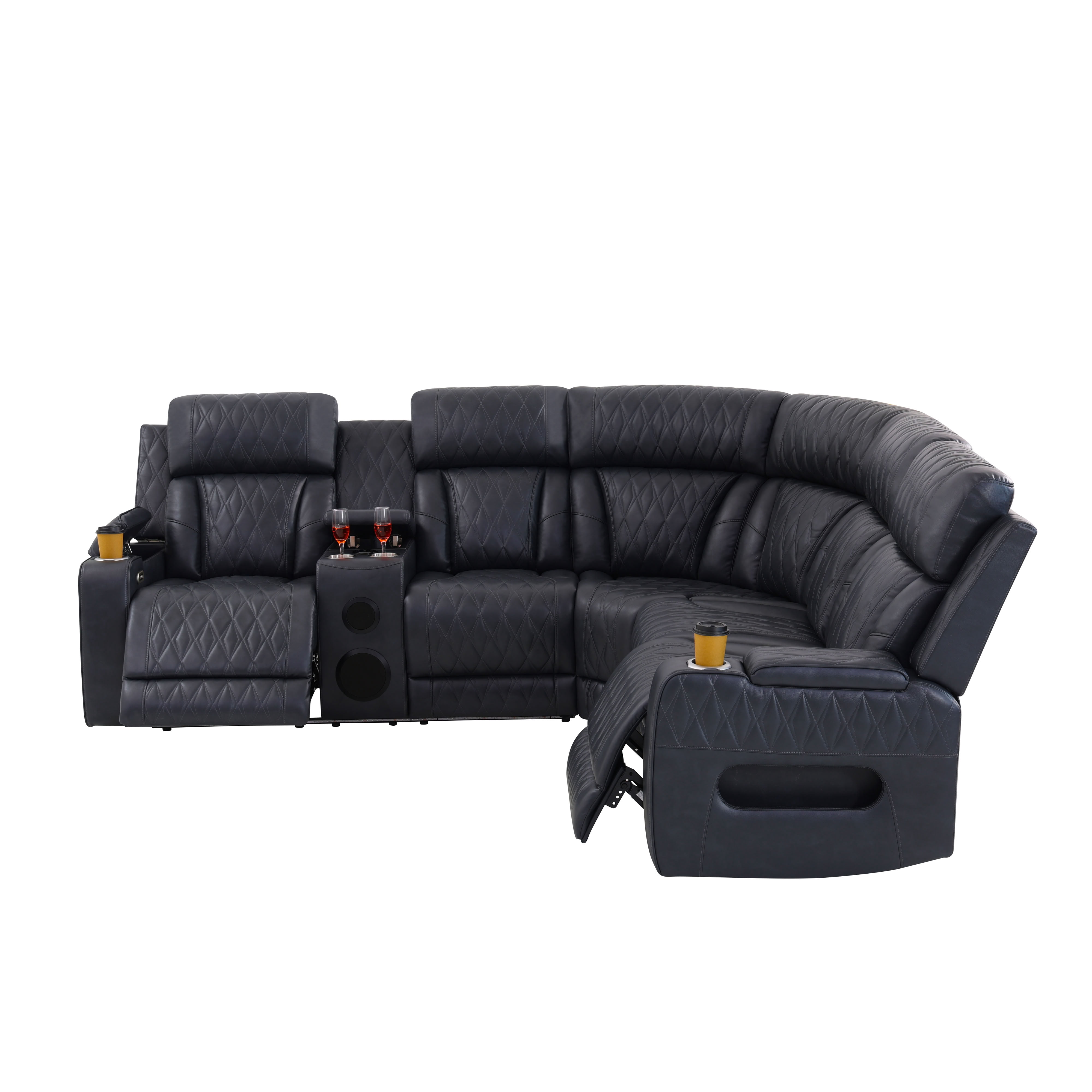 MAYEERTY Oversized Power Recliner Sectional Sofa, L-Shape Corner Couch with Bluetooth Speaker, USB Port, Cup Holders & LED, Semi PU Leather for Living Room, Home Theater
