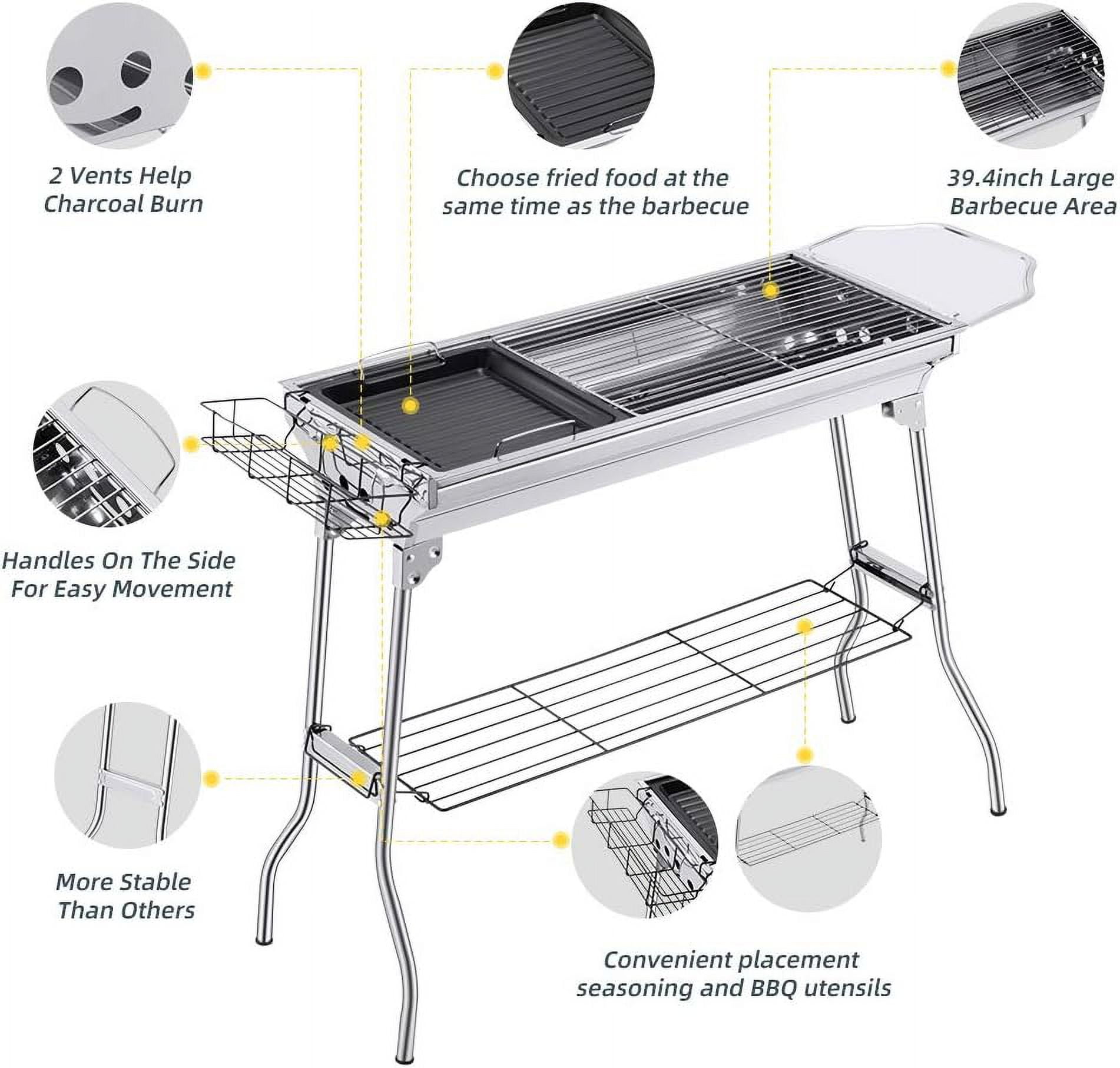 HiiKaa Portable Charcoal Grill,Outdoor BBQ Grill for Christmas Picnic,Family Gathering and Backyard Barbecue with Storage Bag & Non-Stick Frying Pan,Silver