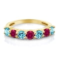 thumbnail image 2 of Gem Stone King 18K Yellow Gold Plated Silver Round Swiss Blue Topaz Red Created Ruby Anniversary Ring for Women (1.55 Cttw, Gemstone Birthstone, Size 6), 2 of 4