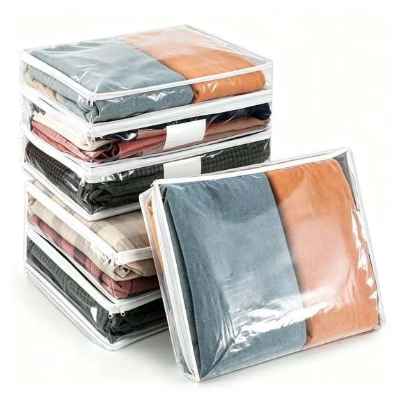6 Pcs Clear Zippered Storage Bags,Tutuviw Clothes Bag Organizer with Zipper,Plastic Sheet Organizer and Storage for Sweater Blankets Sheet Linen Quilt Bed Pillow Cube Organizer(15x11x4in)