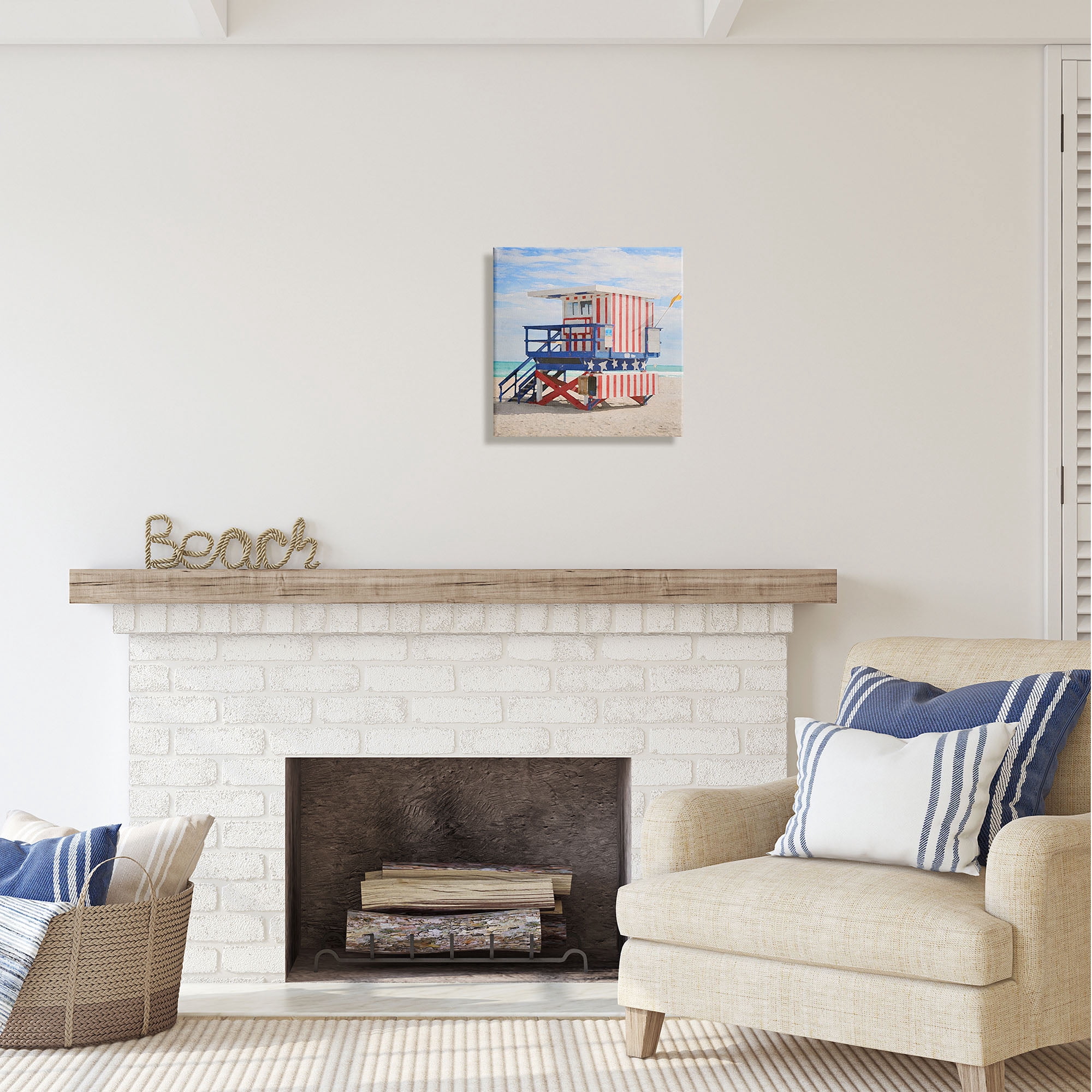 Stupell Industries Striped Lifeguard Hut Nature Painting Gallery Wrapped Canvas Print Wall Art, 17 x 17